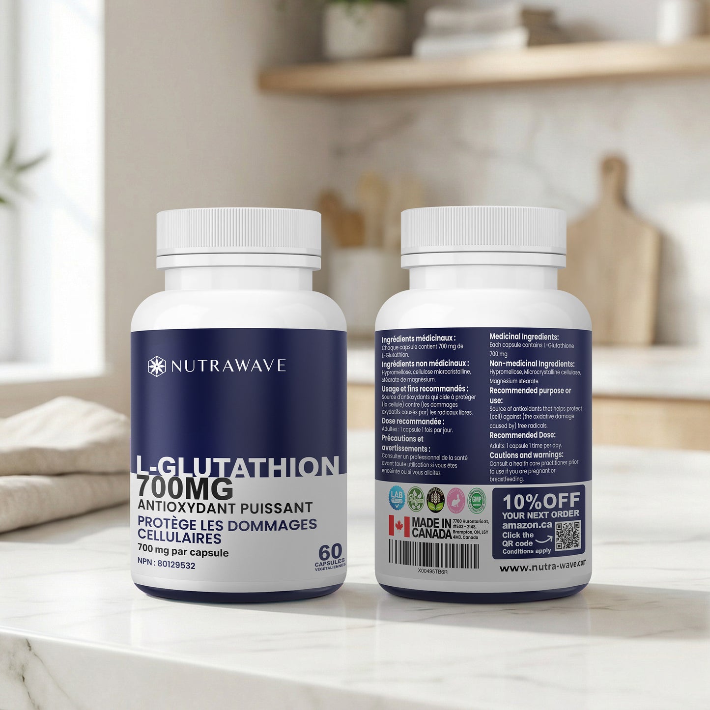 
                  
                    Nutrawave L-Glutathione 700mg capsules — third-party tested quality
                  
                