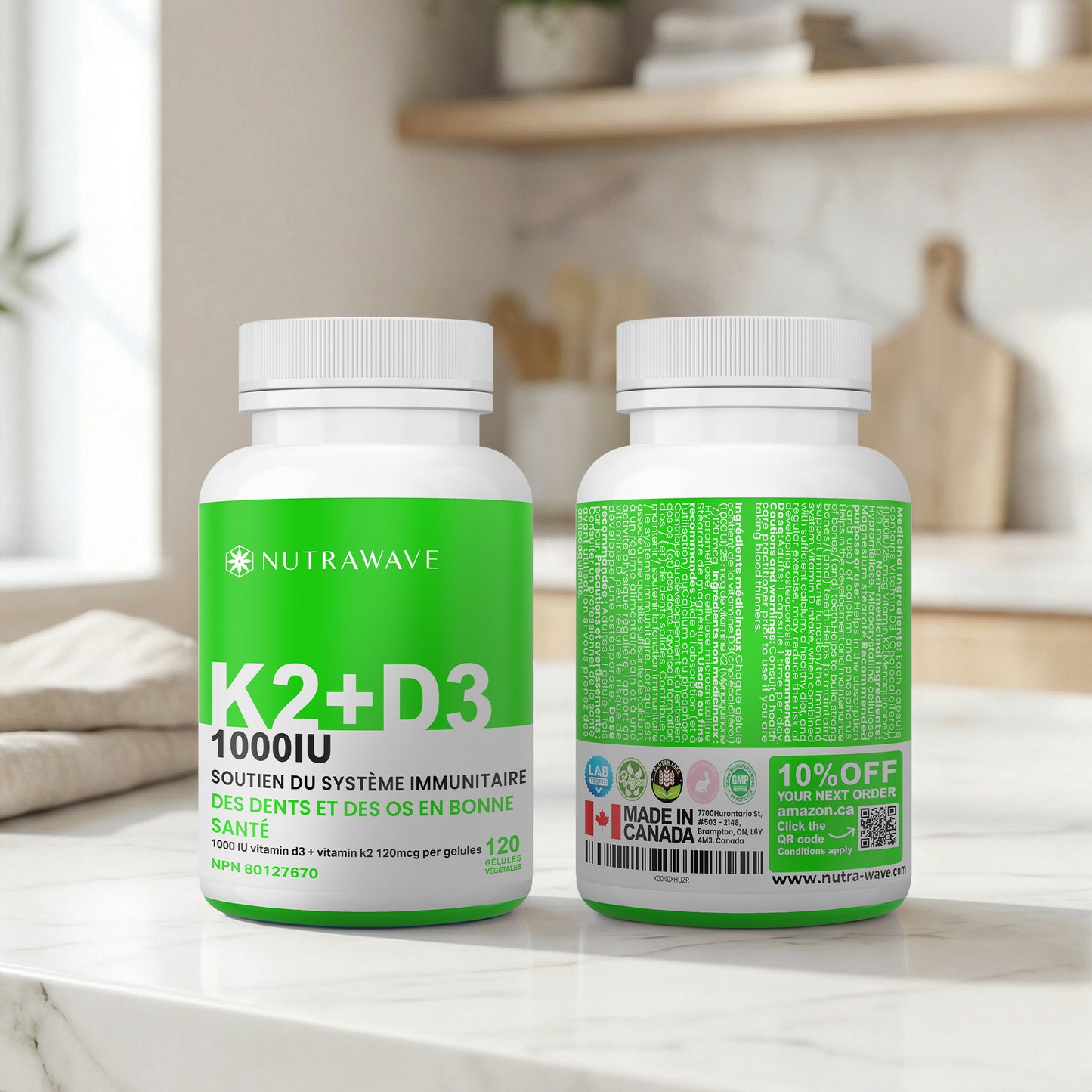 
                  
                    Nutrawave Vitamin D3 plus K2 1000IU capsules — third-party tested quality
                  
                