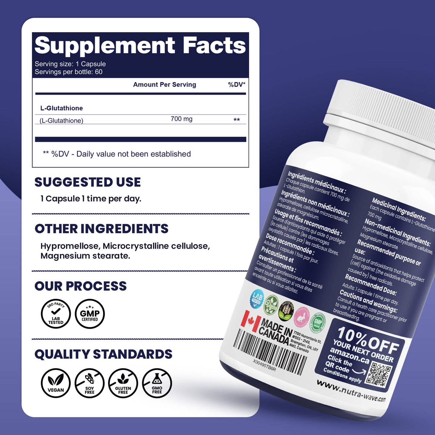 
                  
                    Nutrawave L-Glutathione 700mg capsules — quality and certifications
                  
                