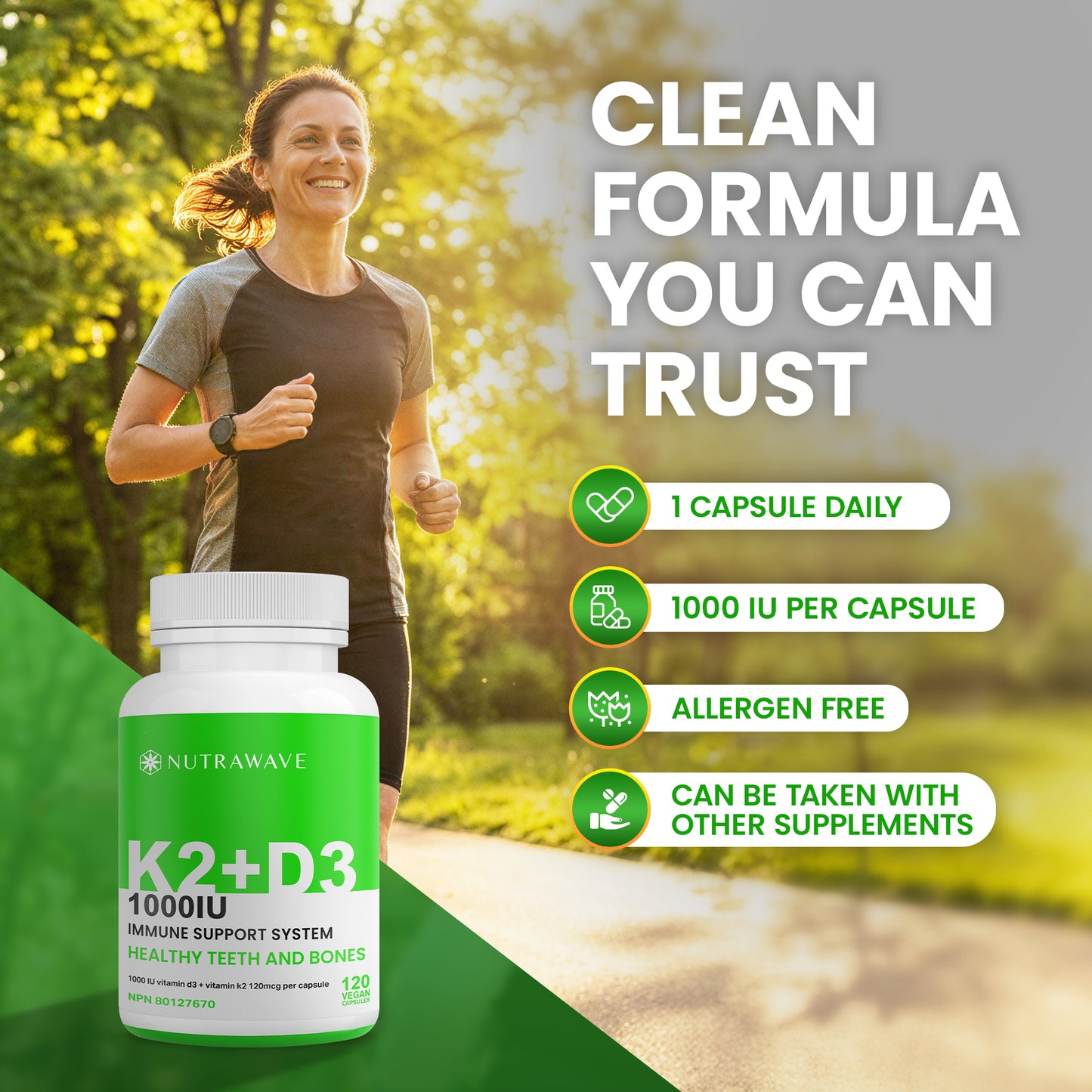 
                  
                    Nutrawave Vitamin D3 plus K2 1000IU capsules — label information
                  
                