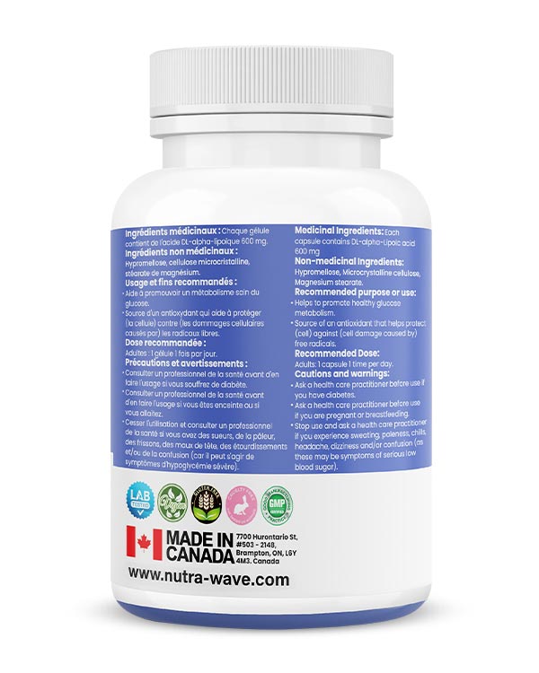 Nutrawave Alpha Lipoic Acid 600mg capsules — supplement facts panel