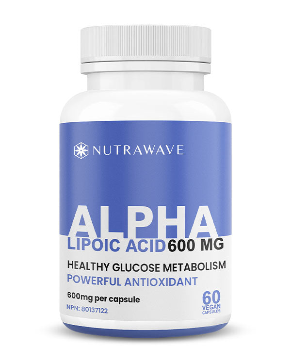 Nutrawave Alpha Lipoic Acid 600mg capsules bottle — antioxidant and blood sugar support supplement