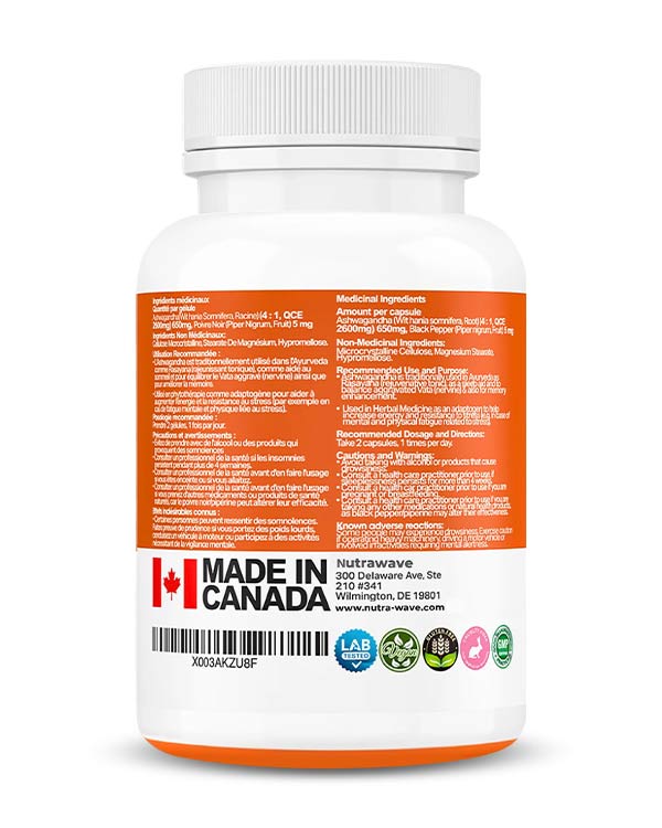 Nutrawave Ashwagandha with Black Pepper 2600mg capsules — supplement facts panel