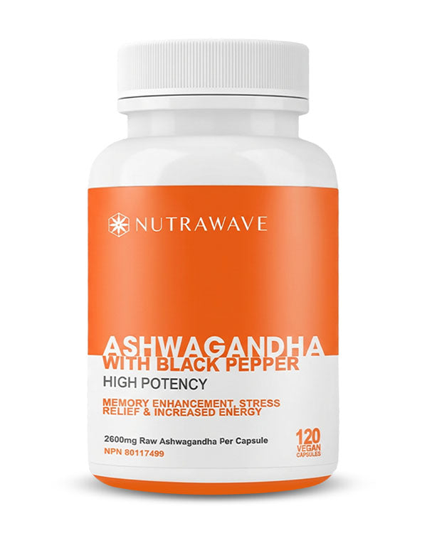 Nutrawave Ashwagandha with Black Pepper 2600mg capsules bottle — stress and cortisol support supplement