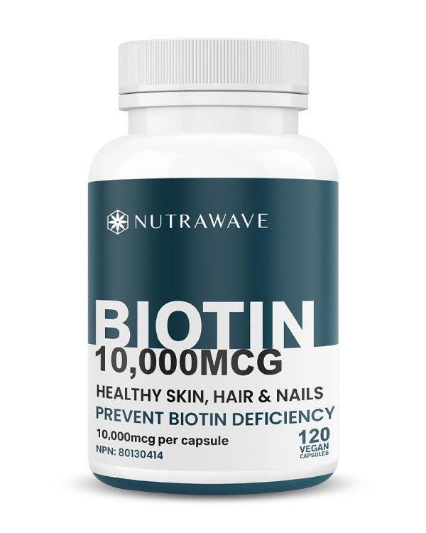 Nutrawave Biotin 10000mcg capsules bottle — hair, skin and nails supplement