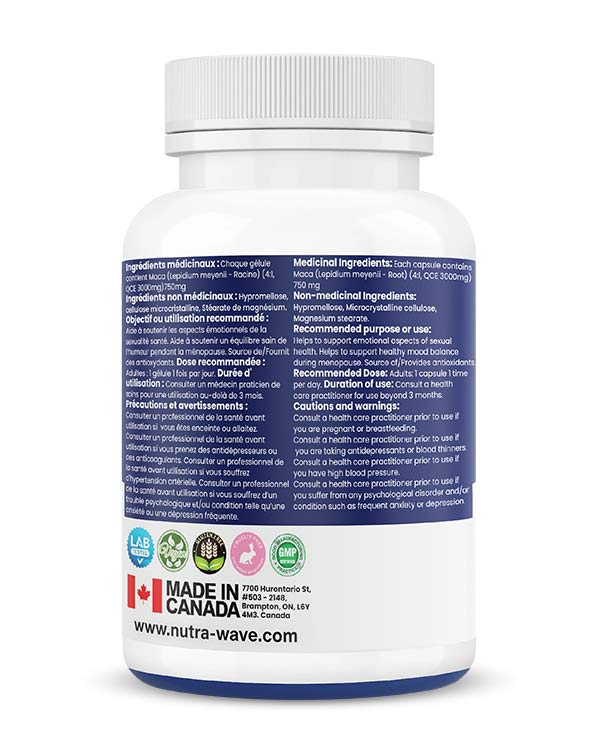 Nutrawave Black Maca 750mg capsules — supplement facts panel