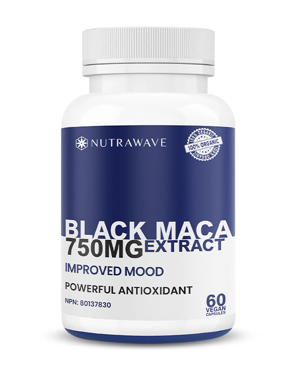 Nutrawave Black Maca 750mg capsules bottle — energy and stamina supplement