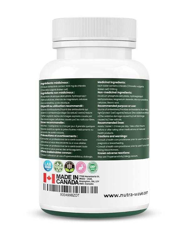 Nutrawave Organic Chlorella 1000mg tablets — supplement facts panel
