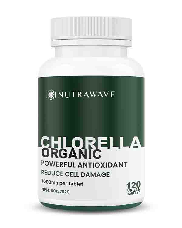 Nutrawave Organic Chlorella 1000mg tablets bottle — detox and superfood support supplement