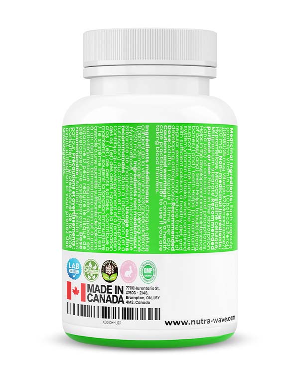 Nutrawave Vitamin D3 plus K2 1000IU capsules — supplement facts panel