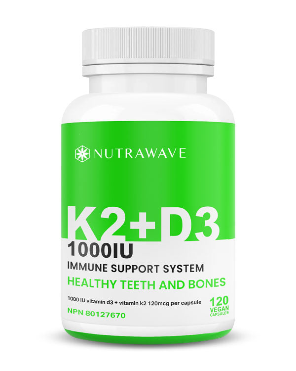 Nutrawave Vitamin D3 plus K2 1000IU capsules bottle — bone and immune health supplement