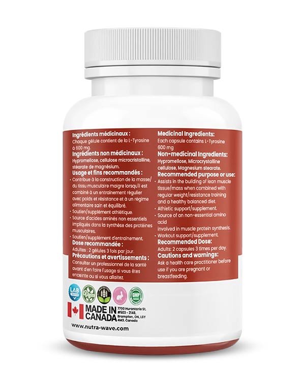 Nutrawave L-Tyrosine 600mg capsules — supplement facts panel