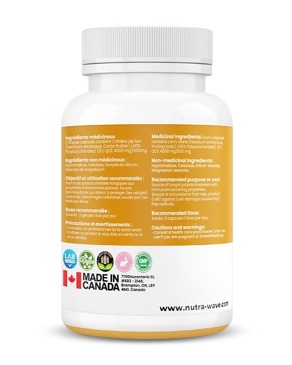 Nutrawave Lions Mane Extract 1500mg capsules — supplement facts panel