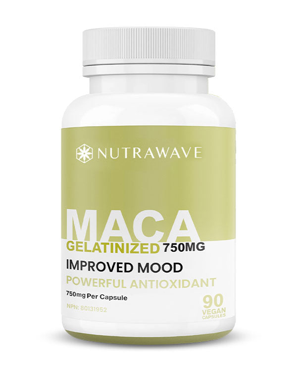Nutrawave Gelatinized Maca 750mg capsules bottle — energy and hormone balance supplement