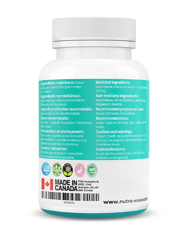 Nutrawave NAC N-Acetyl-L-Cysteine 600mg capsules — supplement facts panel