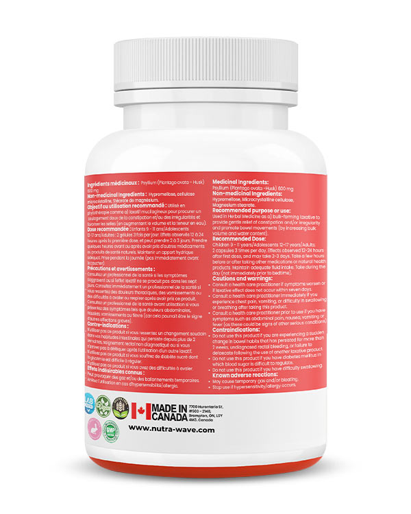 Nutrawave Psyllium Husk Fiber 600mg capsules — supplement facts panel