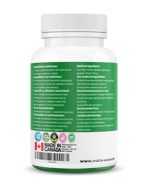 Nutrawave Organic Spirulina 1200mg tablets — supplement facts panel