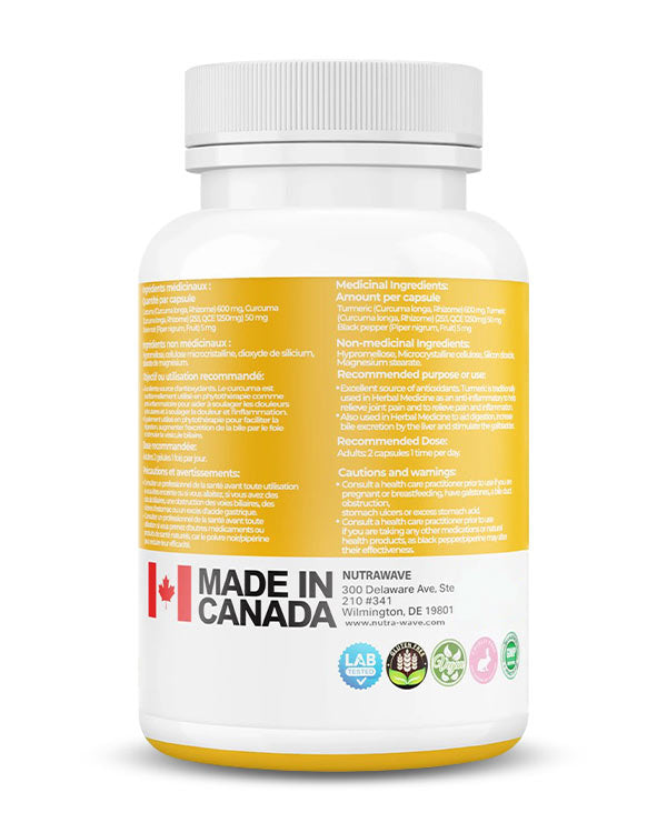 Nutrawave Turmeric Curcumin with Black Pepper 1850mg capsules — supplement facts panel
