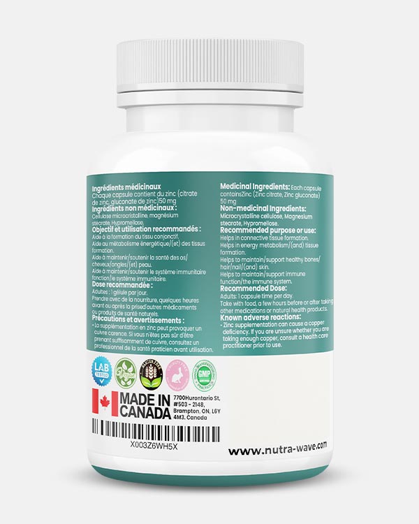 Nutrawave Zinc 50mg capsules — supplement facts panel